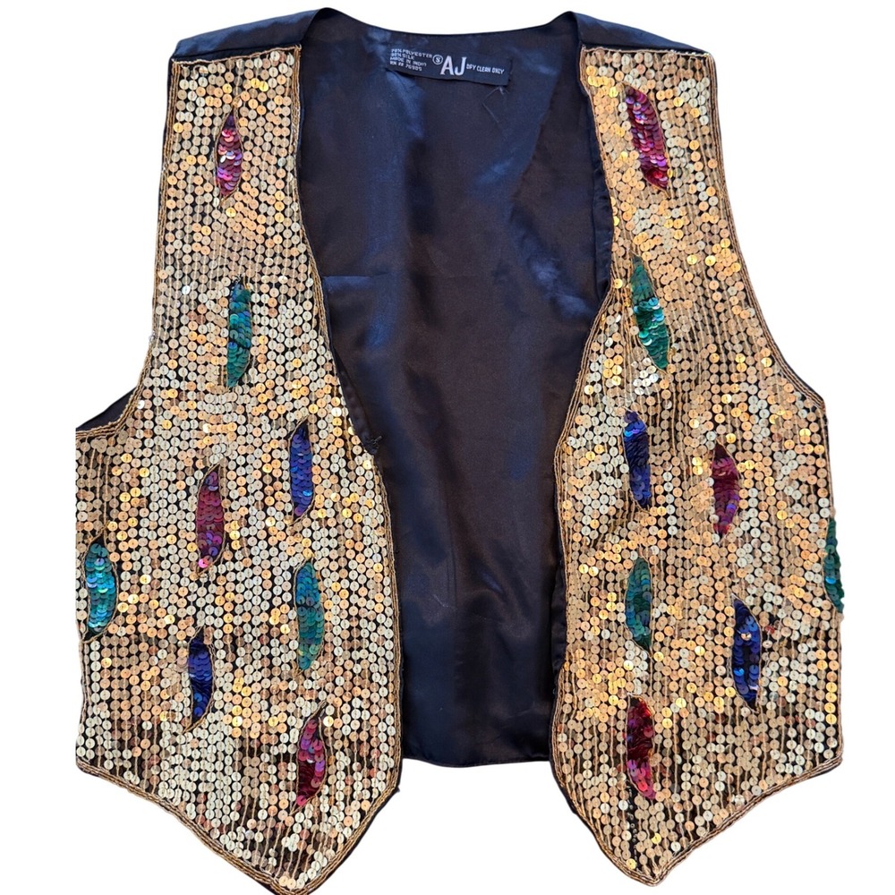 Vintage AJ Sequin Vest Women Size S Gold Silk Blend Glam Festive Party Statement